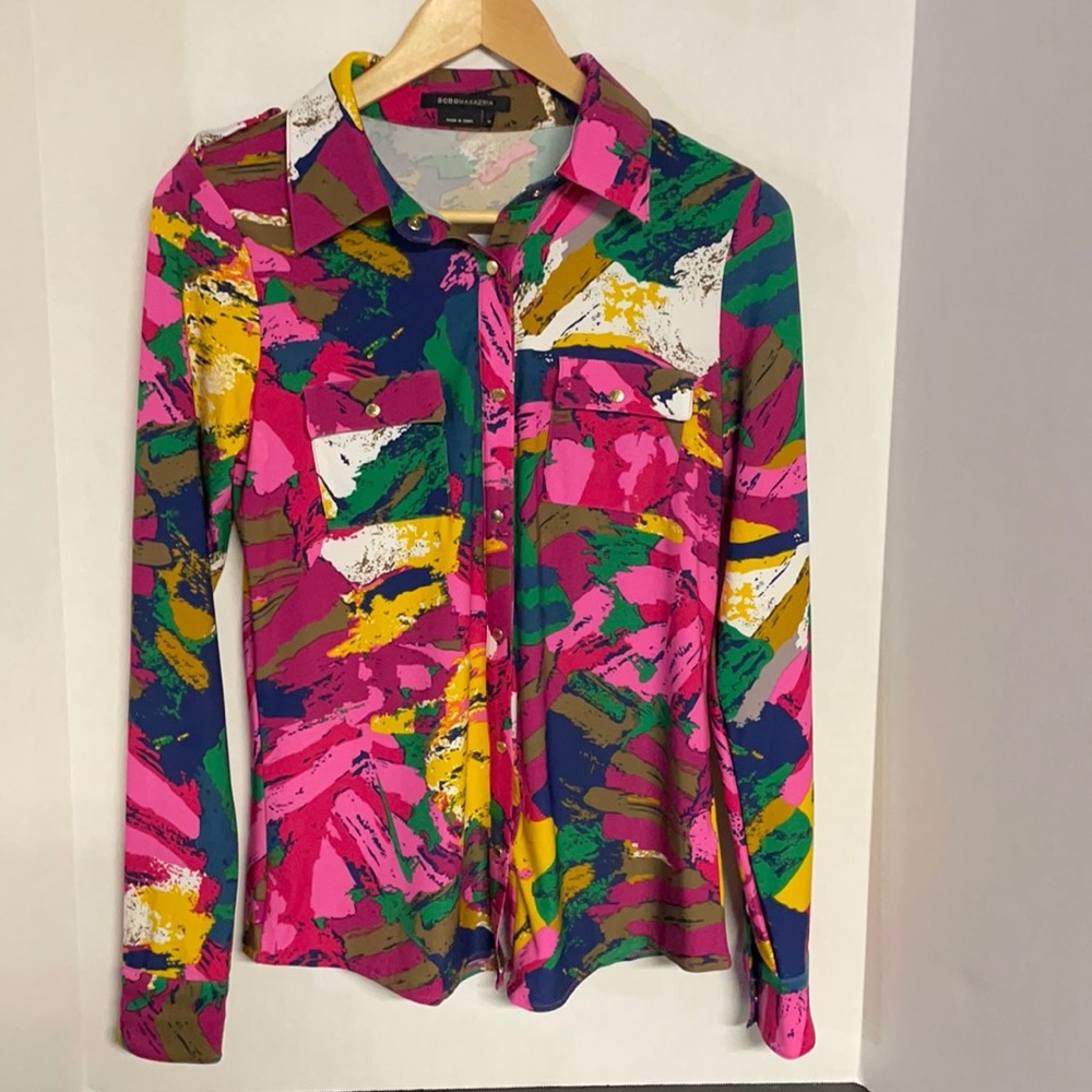 BCBG Maxazria Womens Medium Top Button Down Multi-color Long Sleeve Gold Snaps